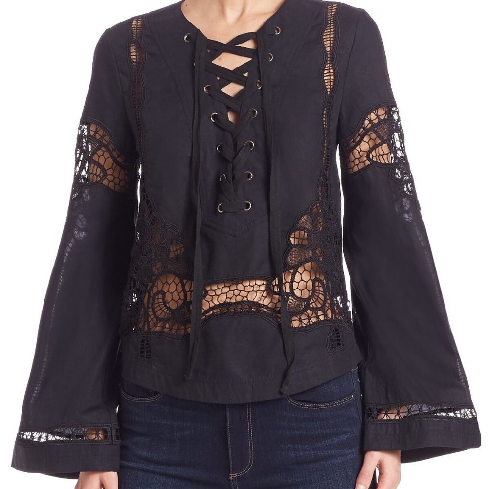 FREE PEOPLE Bittersweet Lace Up Blouse in Black-XS